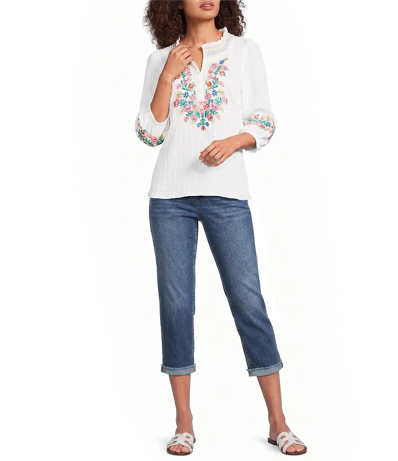 Calessa Petite Size Woven Embroidered Patchwork Stand Split V-Neck 3/4 Sleeve Tunic