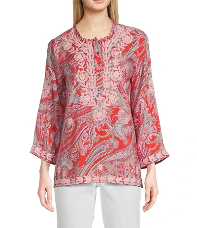 Calessa Petite Size Woven Embroidered Printed Split V-Neck Wrist Length Sleeve Tunic