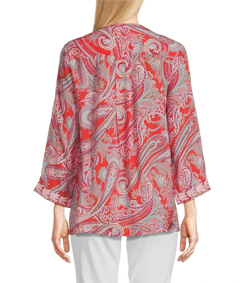 Calessa Petite Size Woven Embroidered Printed Split V-Neck Wrist Length Sleeve Tunic