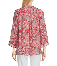 Calessa Petite Size Woven Embroidered Printed Split V-Neck Wrist Length Sleeve Tunic