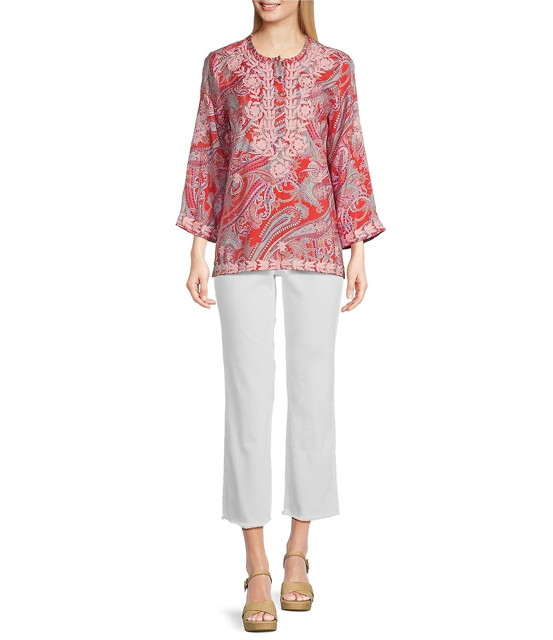 Calessa Petite Size Woven Embroidered Printed Split V-Neck Wrist Length Sleeve Tunic
