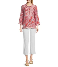 Calessa Petite Size Woven Embroidered Printed Split V-Neck Wrist Length Sleeve Tunic