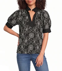 Calessa Petite Size Woven Embroidered Split Neck Band Elbow Puff Sleeve Tunic