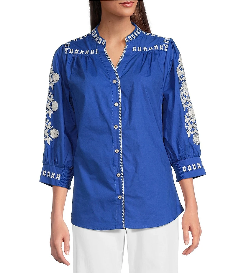 Calessa Petite Size Woven Embroidered Split V-Neck 3/4 Sleeve Button Front Tunic