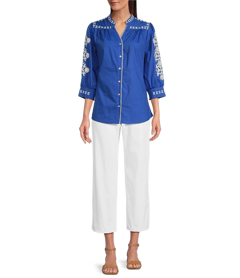 Calessa Petite Size Woven Embroidered Split V-Neck 3/4 Sleeve Button Front Tunic