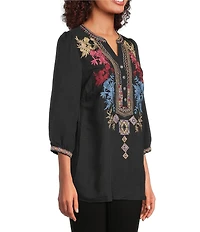 Calessa Petite Size Woven Embroidered Split V-Neck 3/4 Sleeve Tunic