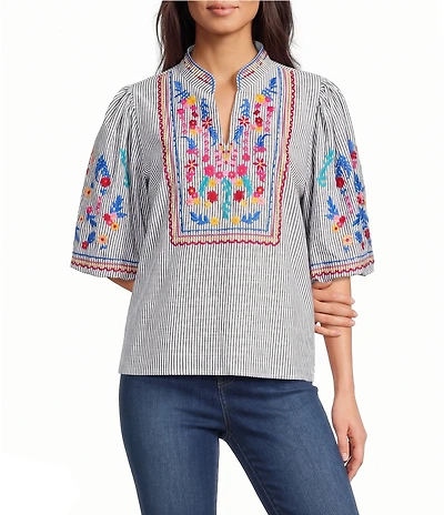 Calessa Petite Size Woven Embroidered Split V-Neck Elbow Length Balloon Sleeve Tunic