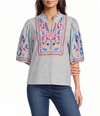 Calessa Petite Size Woven Embroidered Split V-Neck Elbow Length Balloon Sleeve Tunic
