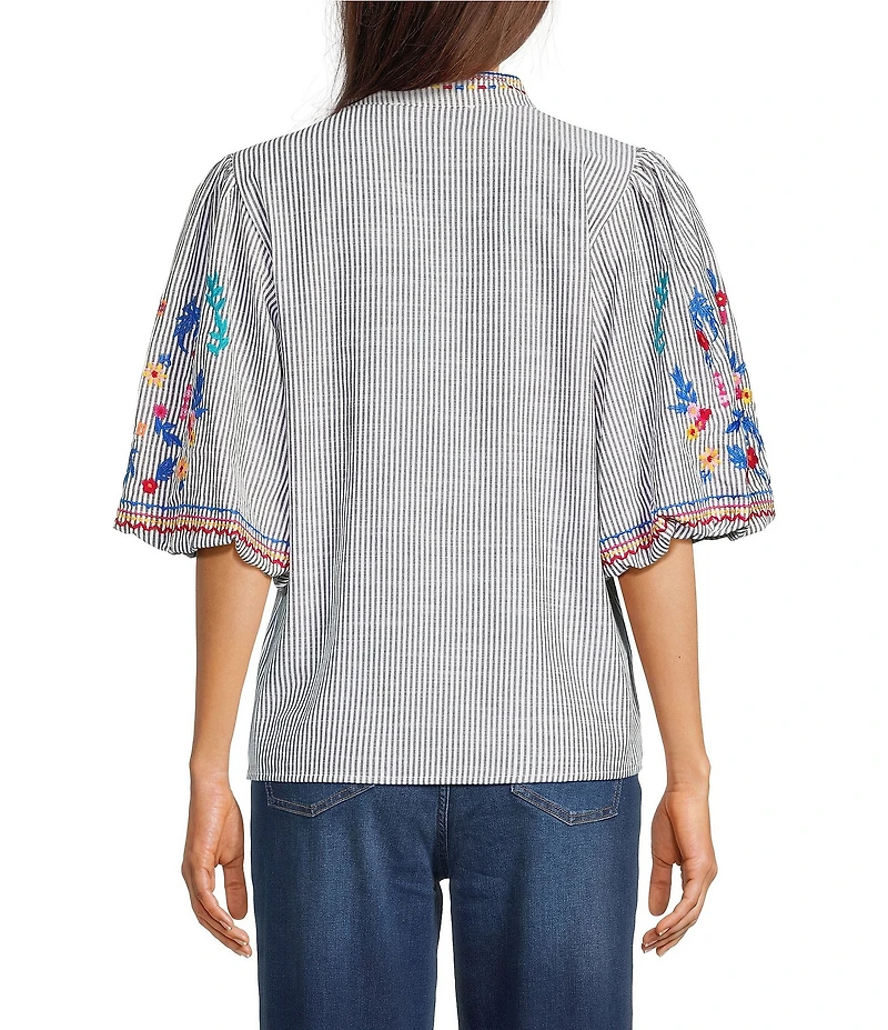 Calessa Petite Size Woven Embroidered Split V-Neck Elbow Length Balloon Sleeve Tunic