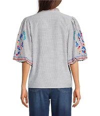 Calessa Petite Size Woven Embroidered Split V-Neck Elbow Length Balloon Sleeve Tunic