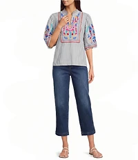 Calessa Petite Size Woven Embroidered Split V-Neck Elbow Length Balloon Sleeve Tunic