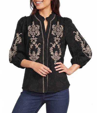 Calessa Petite Size Woven Embroidered Split V-Neck 3/4 Puff Sleeve Top