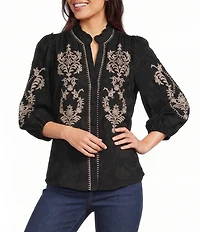Calessa Petite Size Woven Embroidered Split V-Neck 3/4 Puff Sleeve Top