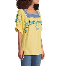 Calessa Petite Size Woven Embroidered Square Neck Short Sleeve Tunic