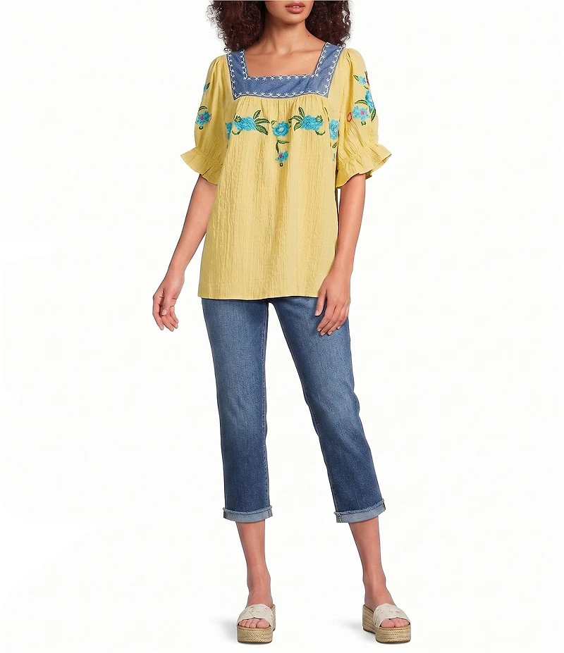 Calessa Petite Size Woven Embroidered Square Neck Short Sleeve Tunic
