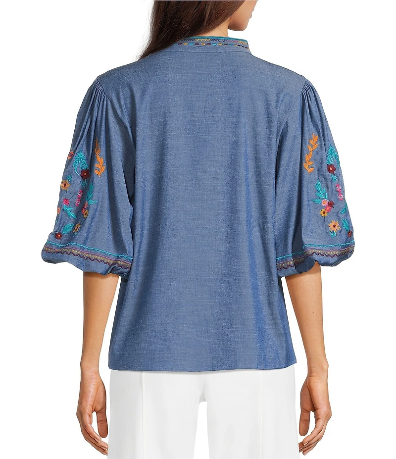 Calessa Petite Size Woven Embroidered Stand Split V-Neck Elbow Puff Sleeve Top