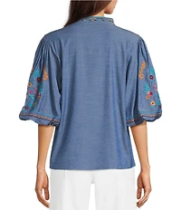 Calessa Petite Size Woven Embroidered Stand Split V-Neck Elbow Puff Sleeve Top