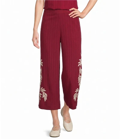 Calessa Petite Size Woven Embroidered Trim Wide Leg Pull-On Pant