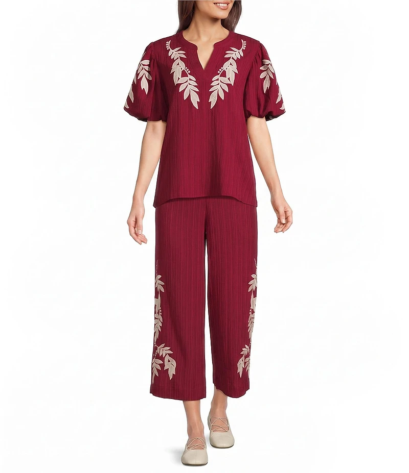 Calessa Petite Size Woven Embroidered Trim Wide Leg Pull-On Pant
