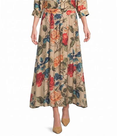Calessa Petite Size Woven Floral A-Line Pleated Midi Coordinating Skirt