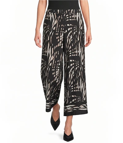 Calessa Petite Size Woven Geometric Print Coordinating Wide Leg Pull-On Pants