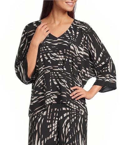 Calessa Petite Size Coordinating Woven Geometric Print V-Neck 3/4 Sleeve Loose Top