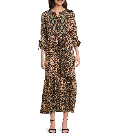 Calessa Petite Size Woven Leopard Floral Print Split V-Neck 3/4 Sleeve Tiered Midi Dress