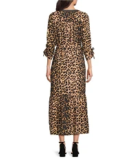Calessa Petite Size Woven Leopard Floral Print Split V-Neck 3/4 Sleeve Tiered Midi Dress