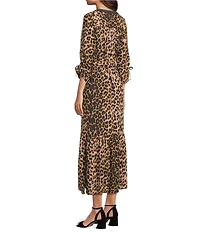 Calessa Petite Size Woven Leopard Floral Print Split V-Neck 3/4 Sleeve Tiered Midi Dress