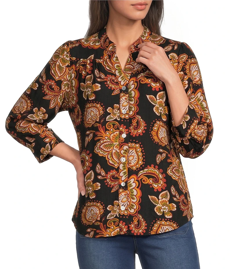 Calessa Petite Size Woven Mixed Floral Split V-Neck 3/4 Sleeve Button-Front Shirt