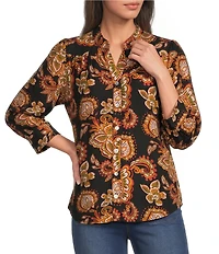 Calessa Petite Size Woven Mixed Floral Split V-Neck 3/4 Sleeve Button-Front Shirt