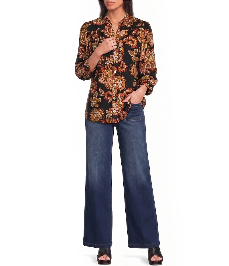 Calessa Petite Size Woven Mixed Floral Split V-Neck 3/4 Sleeve Button-Front Shirt