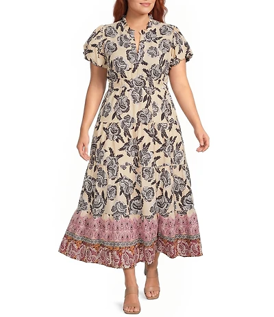 Calessa Plus Size Woven Mixed Floral Split V-Neck Short Puff Sleeve A-Line Midi Dress