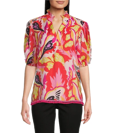 Calessa Petite Size Woven Modern Abstract Print Ruffled Split V-Neck Short Sleeve Tunic
