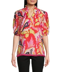 Calessa Petite Size Woven Modern Abstract Print Ruffled Split V-Neck Short Sleeve Tunic