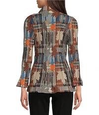 Calessa Petite Size Woven Patchwork Check Print Spread Collar Long Sleeve Button Front Flute Pleat Tunic