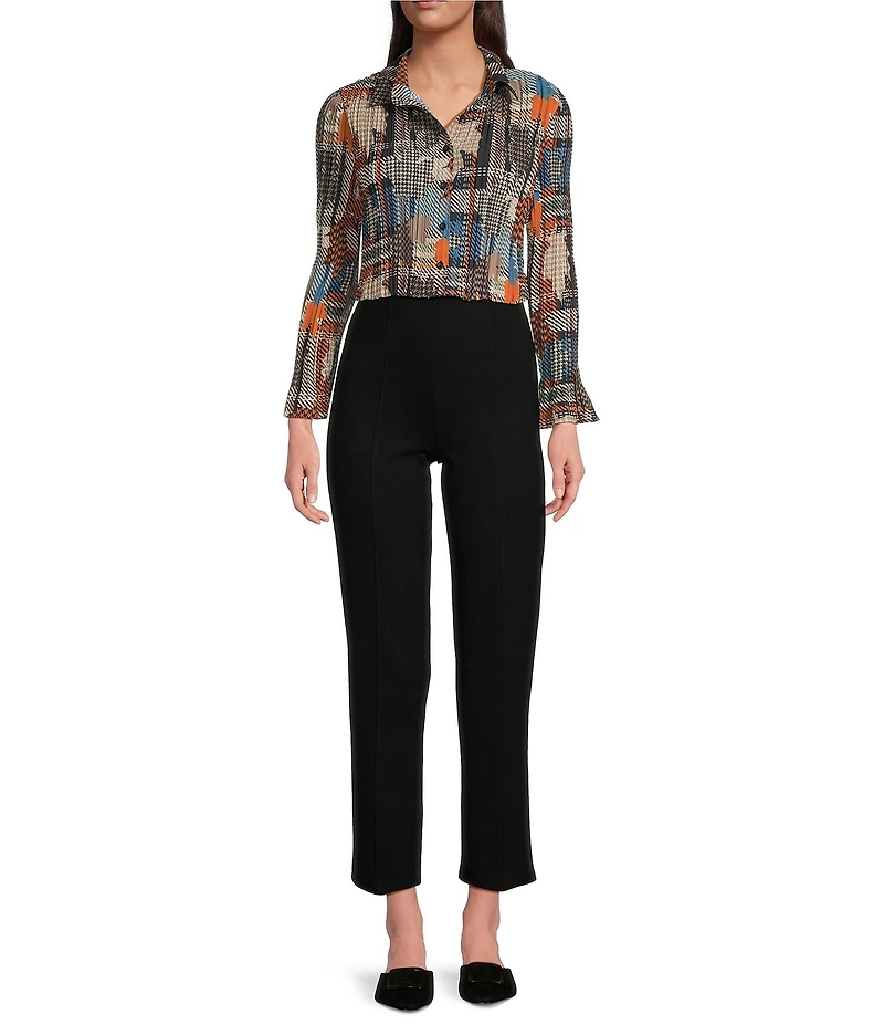 Calessa Petite Size Woven Patchwork Check Print Spread Collar Long Sleeve Button Front Flute Pleat Tunic