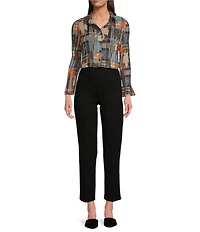 Calessa Petite Size Woven Patchwork Check Print Spread Collar Long Sleeve Button Front Flute Pleat Tunic
