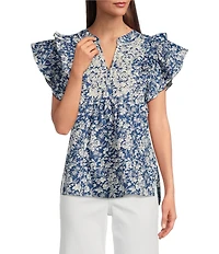 Calessa Petite Size Woven Printed Split V-Neck Ruffled Cap Sleeve Top