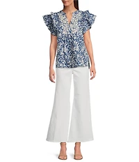 Calessa Petite Size Woven Printed Split V-Neck Ruffled Cap Sleeve Top