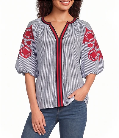 Calessa Petite Size Woven Split Round Neck Striped Embroidered Elbow Sleeve Tunic