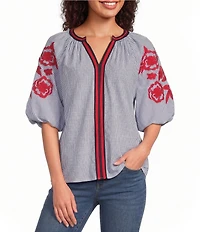Calessa Petite Size Woven Split Round Neck Striped Embroidered Elbow Sleeve Tunic