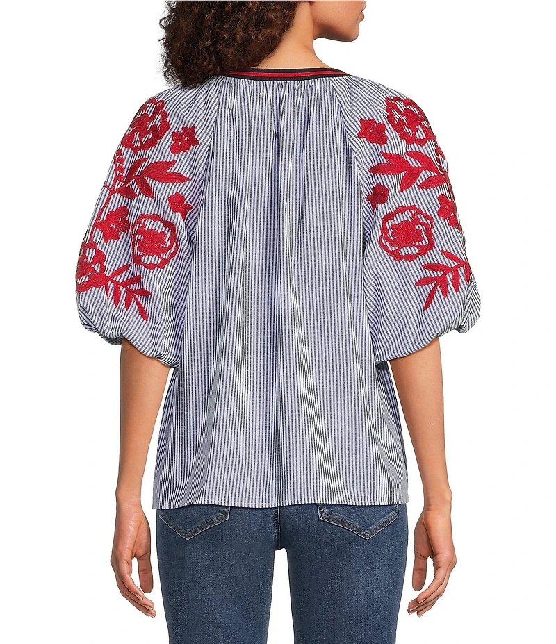 Calessa Petite Size Woven Split Round Neck Striped Embroidered Elbow Sleeve Tunic