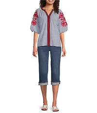 Calessa Petite Size Woven Split Round Neck Striped Embroidered Elbow Sleeve Tunic