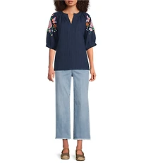 Calessa Petite Size Woven Split V-Neck Embroidered Balloon Elbow Length Sleeve Tunic