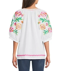 Calessa Petite Size Woven Split V-Neck Short Embroidered Balloon Sleeve Ric-Rac Trim Tunic