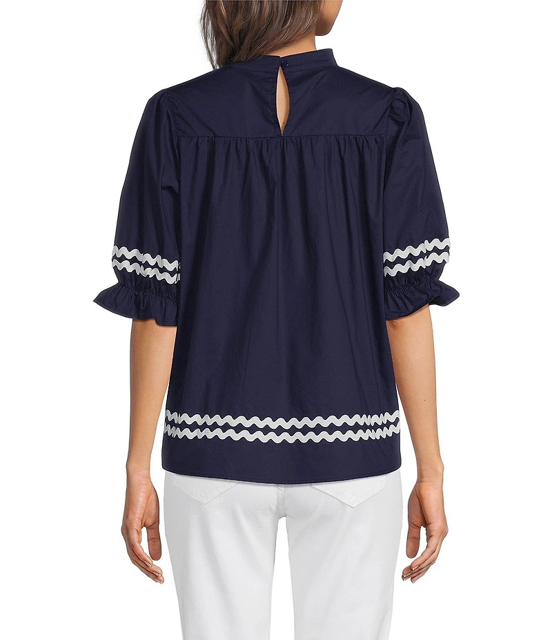 Calessa Petite Size Woven Split V-Neck Short Sleeve Ric-Rac Trim Tunic
