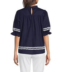 Calessa Petite Size Woven Split V-Neck Short Sleeve Ric-Rac Trim Tunic
