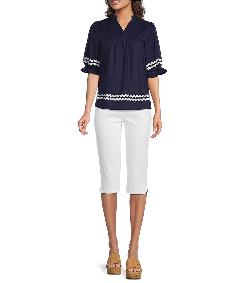 Calessa Petite Size Woven Split V-Neck Short Sleeve Ric-Rac Trim Tunic