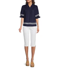 Calessa Petite Size Woven Split V-Neck Short Sleeve Ric-Rac Trim Tunic